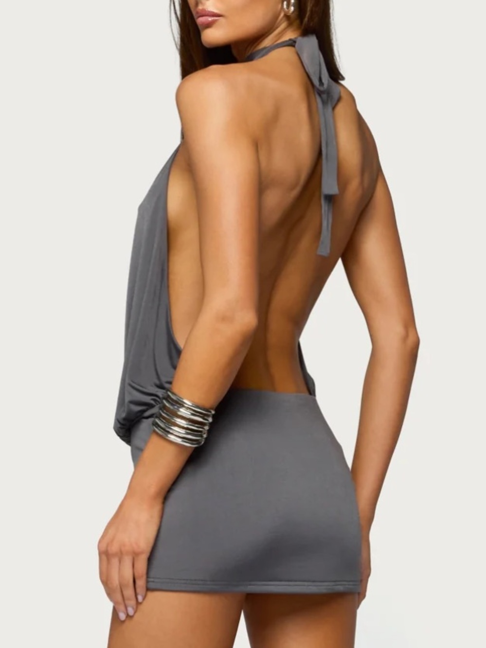 NWT Edikted Saraya Backless High Neck Mini Dress in Dark Grey